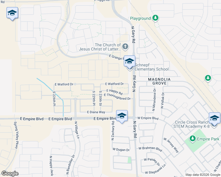 map of restaurants, bars, coffee shops, grocery stores, and more near 23022-23134 East Empire Boulevard in San Tan Valley