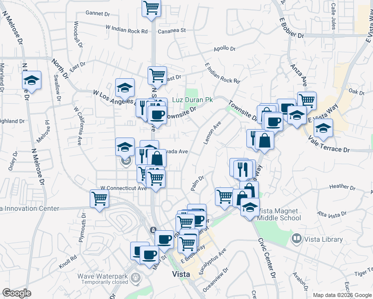 map of restaurants, bars, coffee shops, grocery stores, and more near 240 Nevada Avenue in Vista