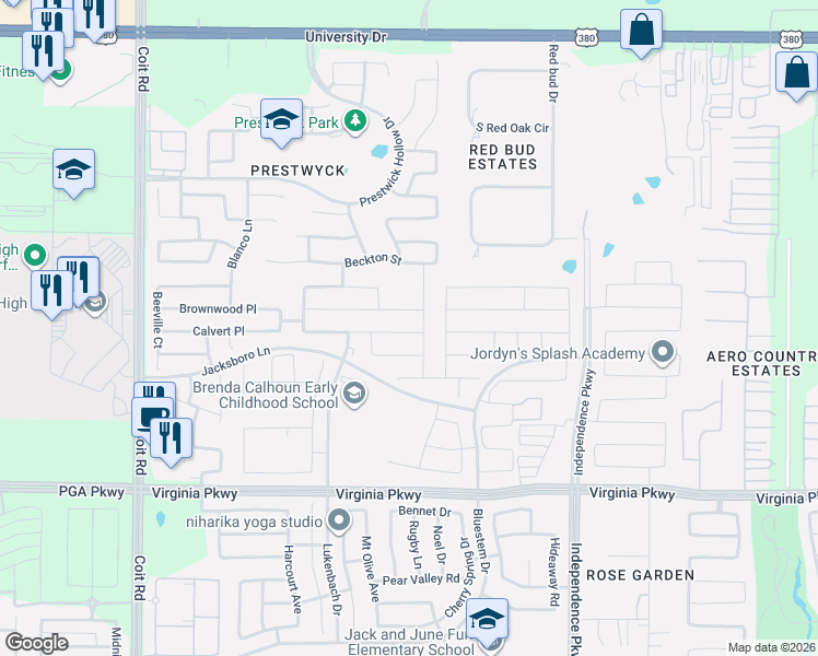 map of restaurants, bars, coffee shops, grocery stores, and more near 10321 Galveston Place in McKinney