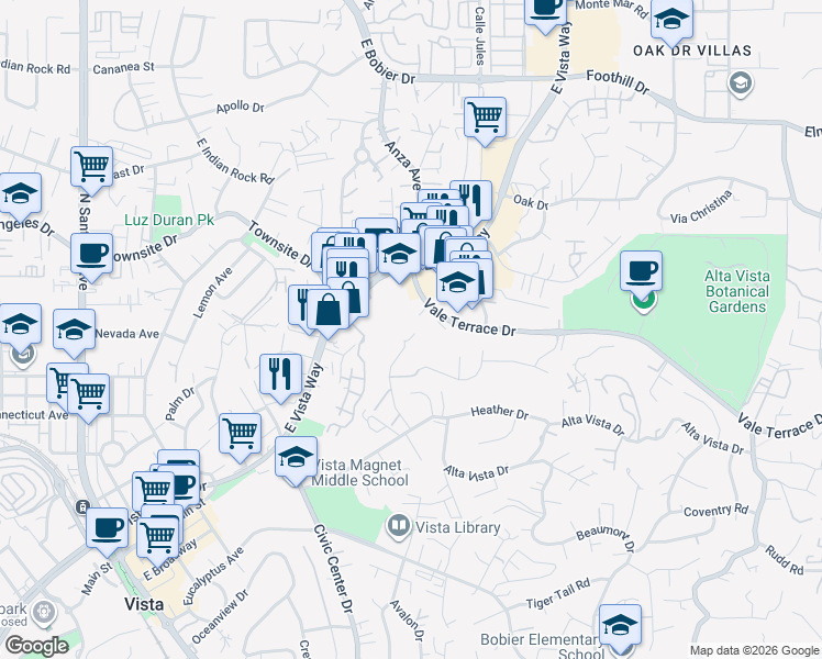 map of restaurants, bars, coffee shops, grocery stores, and more near 736 Bel Air Drive West in Vista