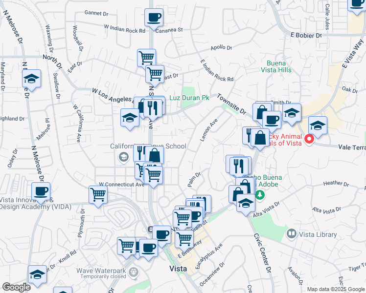 map of restaurants, bars, coffee shops, grocery stores, and more near 307 Nevada Avenue in Vista