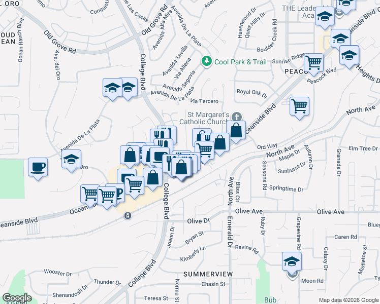 map of restaurants, bars, coffee shops, grocery stores, and more near 1961 Comanche Street in Oceanside