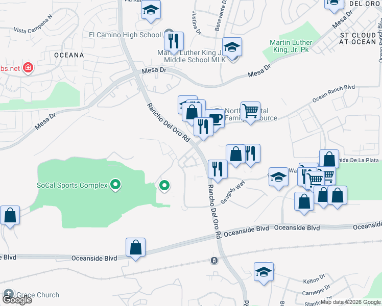 map of restaurants, bars, coffee shops, grocery stores, and more near 3502 Conner Way in Oceanside