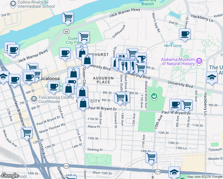 map of restaurants, bars, coffee shops, grocery stores, and more near 1419 8th Street in Tuscaloosa