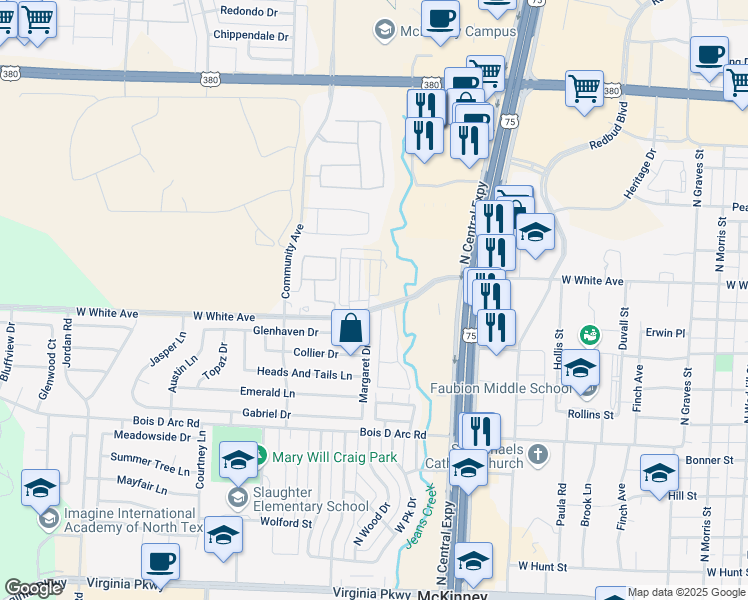 map of restaurants, bars, coffee shops, grocery stores, and more near 2300 Glenhaven Drive in McKinney