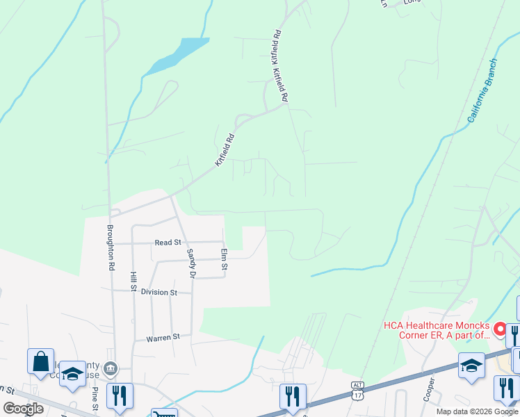 map of restaurants, bars, coffee shops, grocery stores, and more near 120 Arkman Lane in Moncks Corner