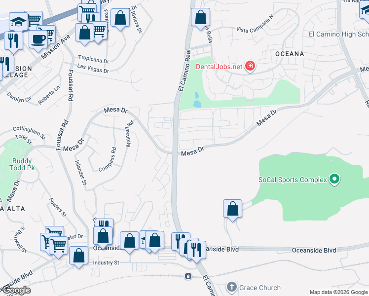map of restaurants, bars, coffee shops, grocery stores, and more near 3518 Pear Blossom Circle in Oceanside