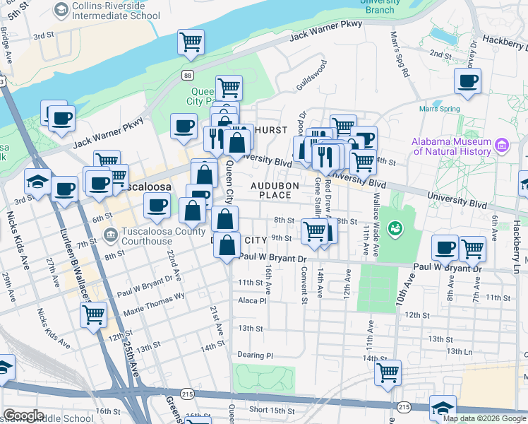 map of restaurants, bars, coffee shops, grocery stores, and more near 713 17th Avenue in Tuscaloosa