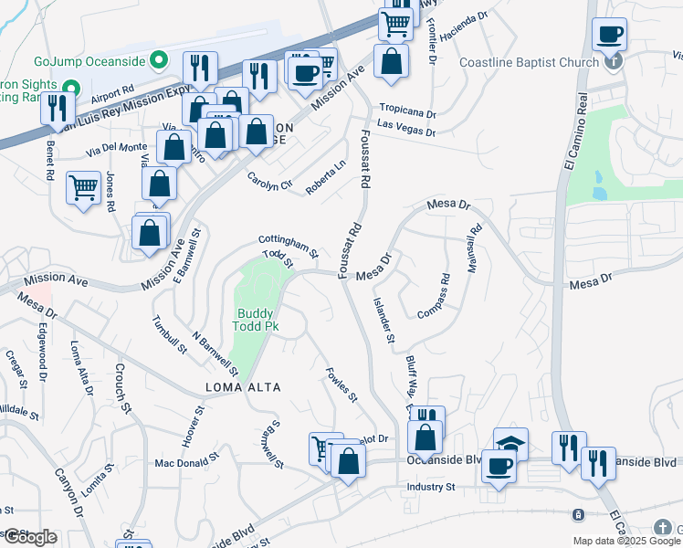 map of restaurants, bars, coffee shops, grocery stores, and more near Mesa Dr & Foussat Rd in Oceanside