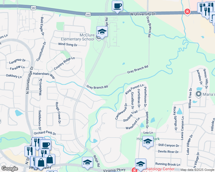 map of restaurants, bars, coffee shops, grocery stores, and more near Gray Branch Road in McKinney