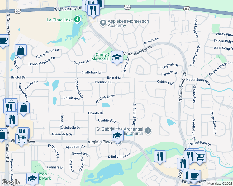 map of restaurants, bars, coffee shops, grocery stores, and more near 609 Tully Court in McKinney