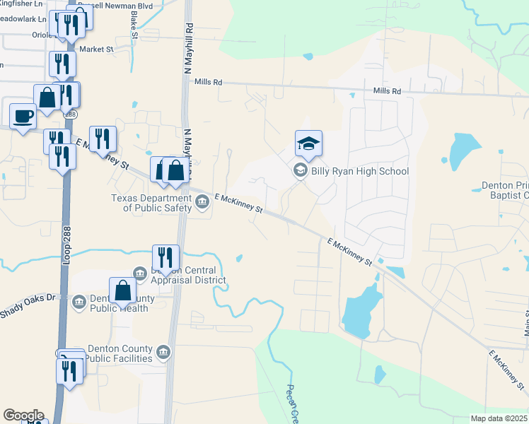 map of restaurants, bars, coffee shops, grocery stores, and more near 4700 East McKinney Street in Denton