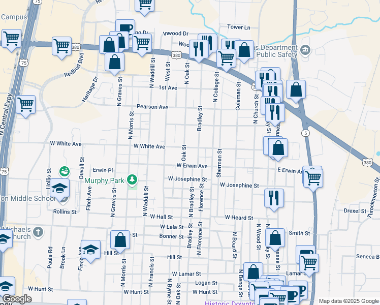 map of restaurants, bars, coffee shops, grocery stores, and more near 902 West Erwin Avenue in McKinney