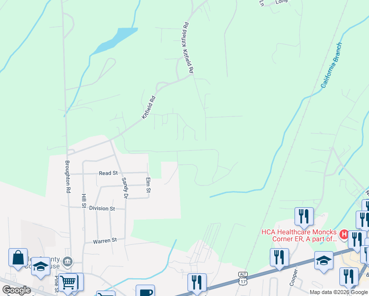 map of restaurants, bars, coffee shops, grocery stores, and more near 120 Arkman Lane in Moncks Corner