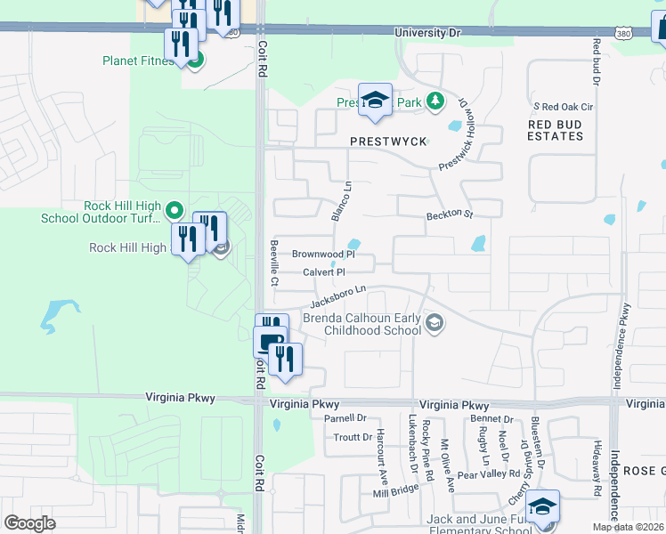 map of restaurants, bars, coffee shops, grocery stores, and more near 10833 Calvert Place in McKinney