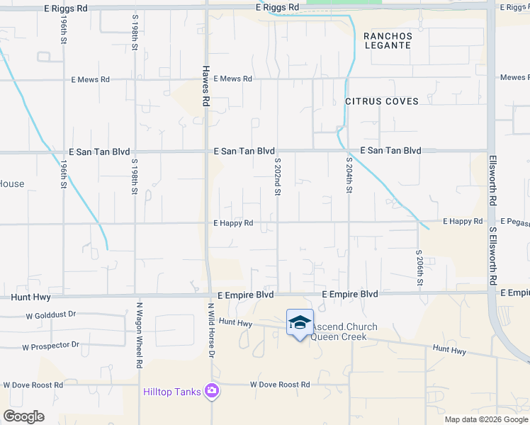 map of restaurants, bars, coffee shops, grocery stores, and more near 20118 East Happy Road in Queen Creek