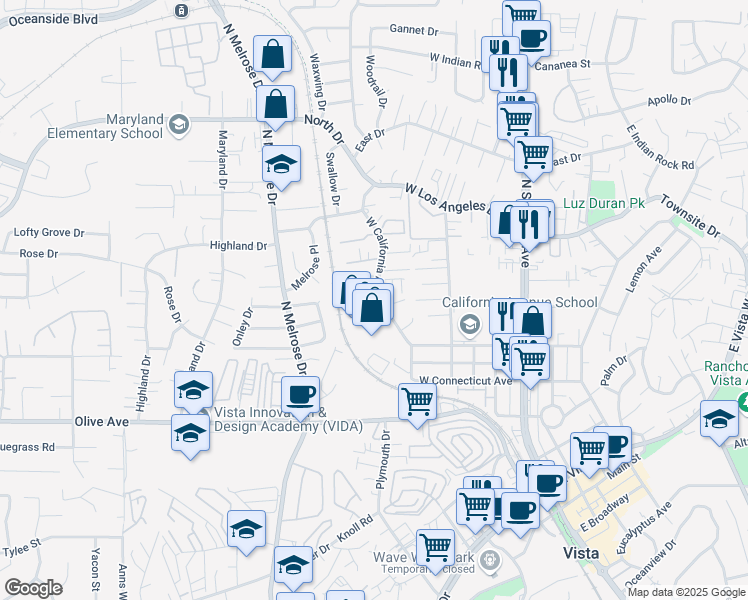 map of restaurants, bars, coffee shops, grocery stores, and more near 520 West California Avenue in Vista