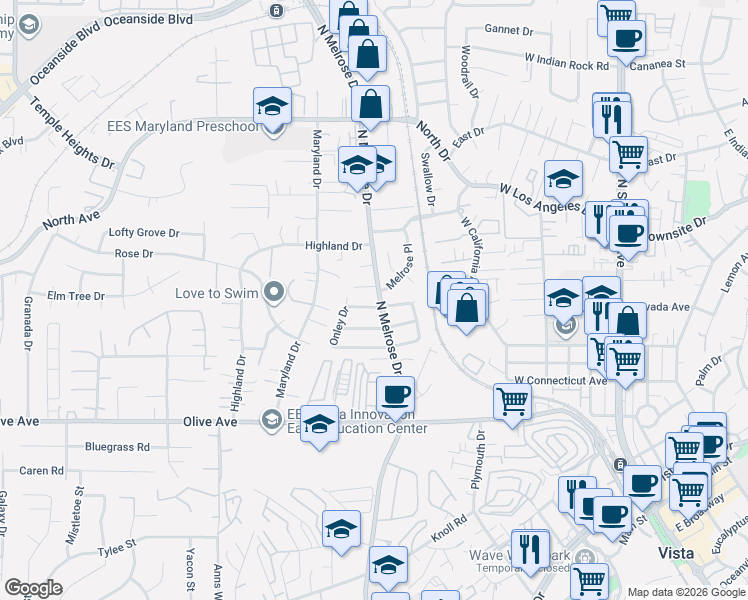 map of restaurants, bars, coffee shops, grocery stores, and more near 653 North Melrose Drive in Vista