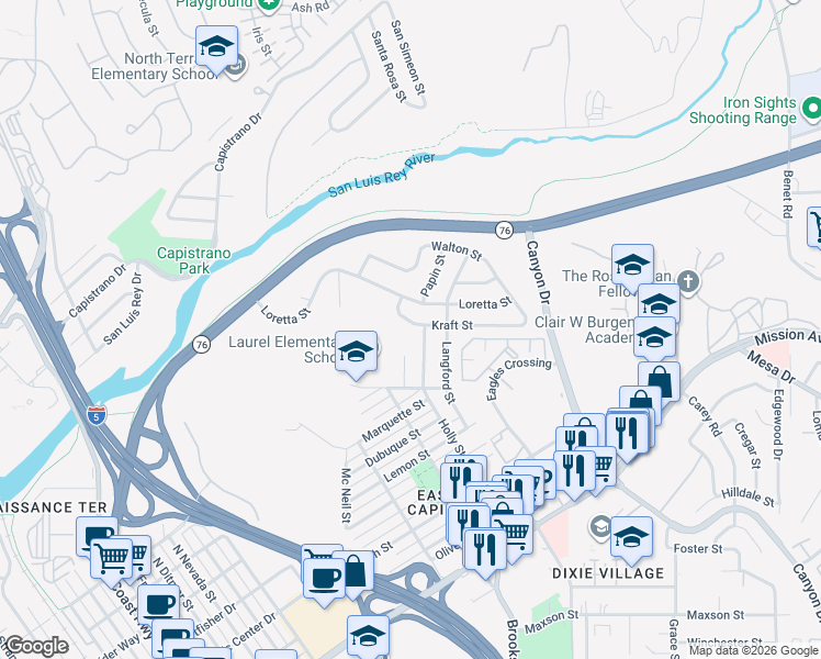 map of restaurants, bars, coffee shops, grocery stores, and more near 1223 Holly Street in Oceanside