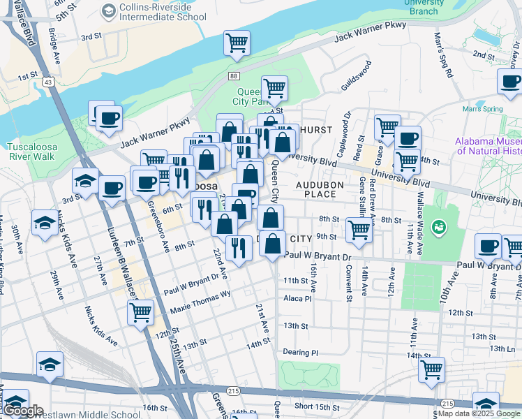 map of restaurants, bars, coffee shops, grocery stores, and more near 1913 8th Street in Tuscaloosa