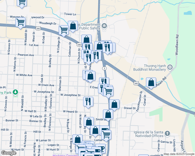 map of restaurants, bars, coffee shops, grocery stores, and more near 301 East Erwin Avenue in McKinney