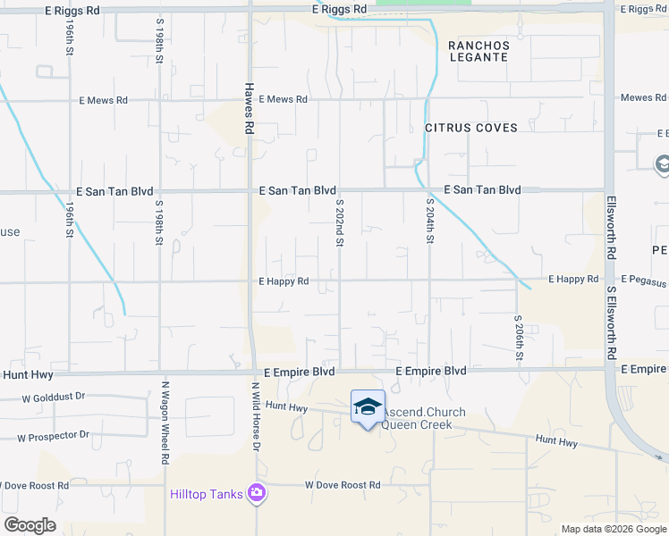 map of restaurants, bars, coffee shops, grocery stores, and more near 20118 East Happy Road in Queen Creek