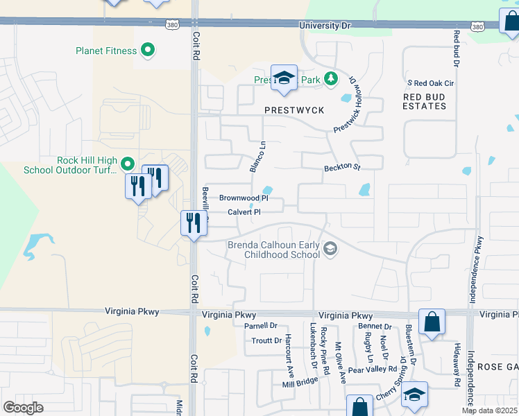 map of restaurants, bars, coffee shops, grocery stores, and more near 10832 Calvert Place in McKinney