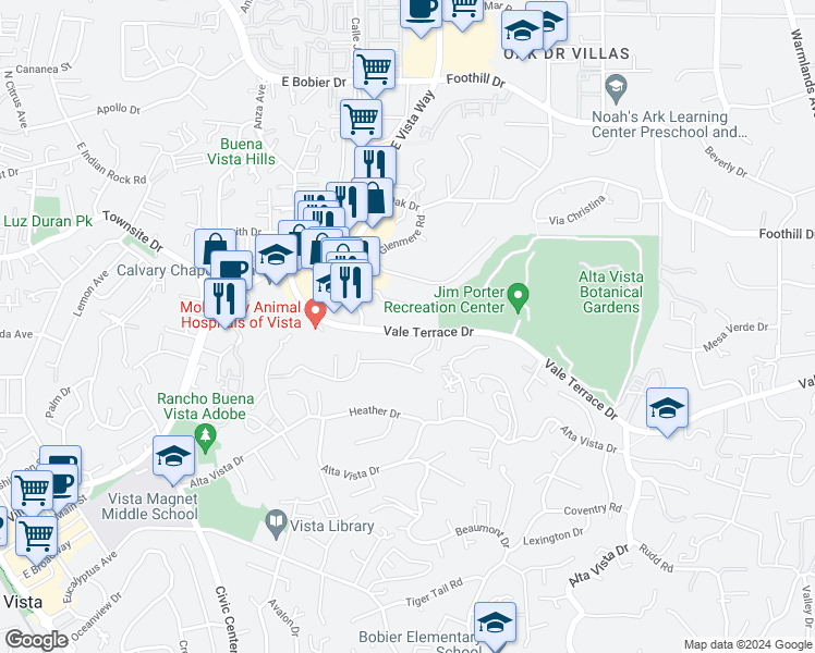 map of restaurants, bars, coffee shops, grocery stores, and more near 1060 Vale Terrace Drive in Vista