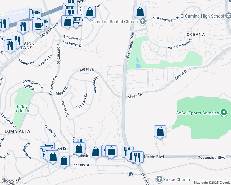 map of restaurants, bars, coffee shops, grocery stores, and more near 3586 Mesa Drive in Oceanside