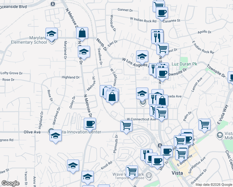 map of restaurants, bars, coffee shops, grocery stores, and more near 555 West California Avenue in Vista