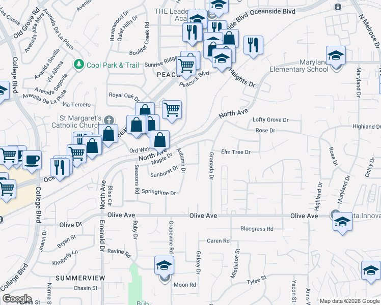 map of restaurants, bars, coffee shops, grocery stores, and more near 2227 Fallingleaf Road in Oceanside