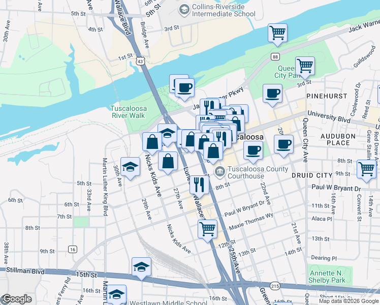 map of restaurants, bars, coffee shops, grocery stores, and more near 2520 Gary Fitts Street in Tuscaloosa