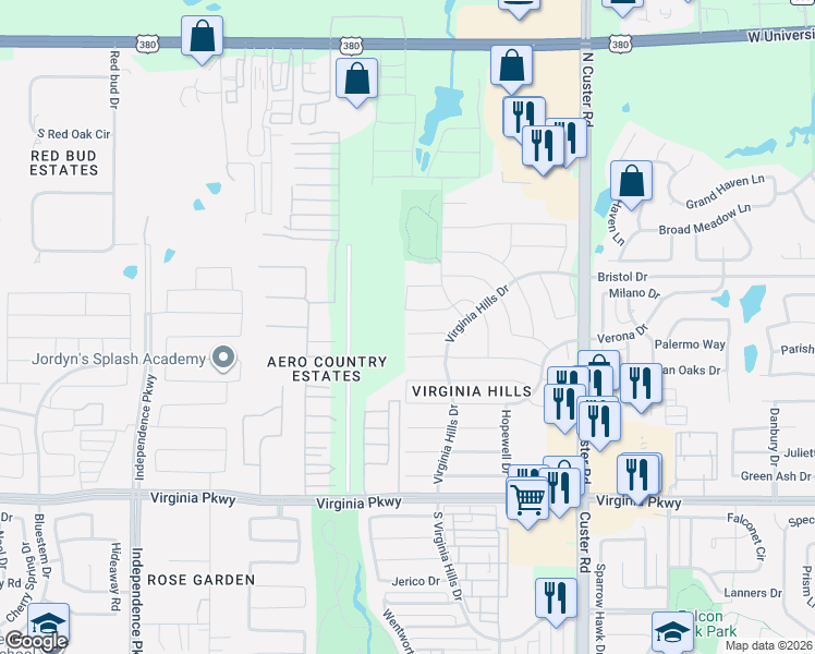 map of restaurants, bars, coffee shops, grocery stores, and more near 9328 Vernon Court in McKinney