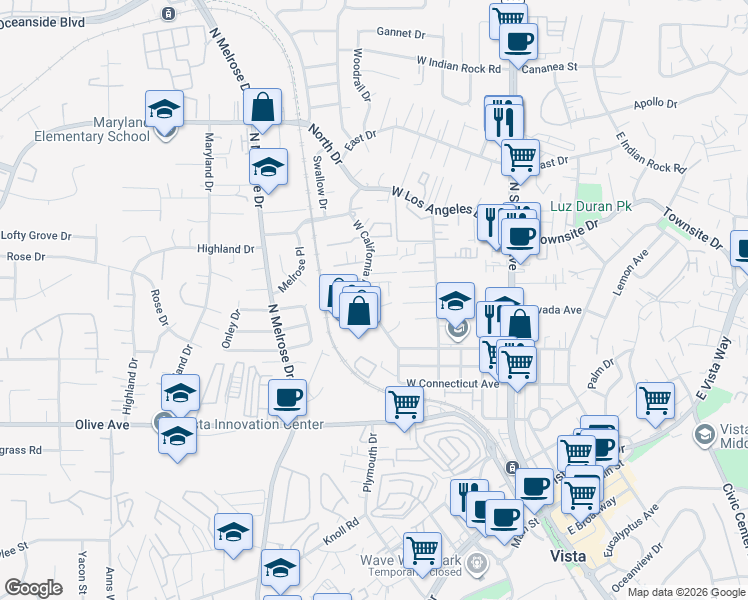 map of restaurants, bars, coffee shops, grocery stores, and more near 555 West California Avenue in Vista