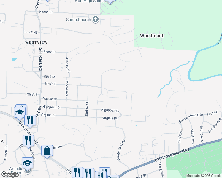 map of restaurants, bars, coffee shops, grocery stores, and more near 4603 6th Street East in Tuscaloosa