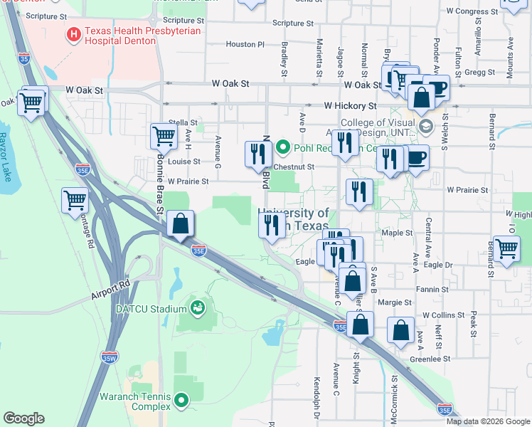 map of restaurants, bars, coffee shops, grocery stores, and more near 801 N Texas Blvd in Denton