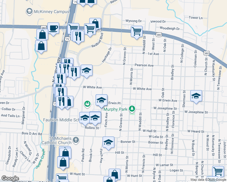 map of restaurants, bars, coffee shops, grocery stores, and more near 1303 White Circle in McKinney