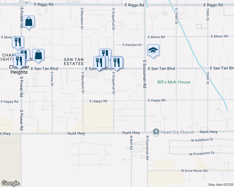 map of restaurants, bars, coffee shops, grocery stores, and more near 18934 East Happy Road in Queen Creek