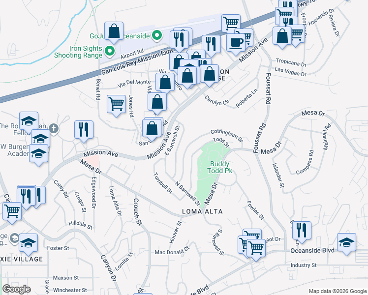 map of restaurants, bars, coffee shops, grocery stores, and more near 2845 Cottingham Street in Oceanside