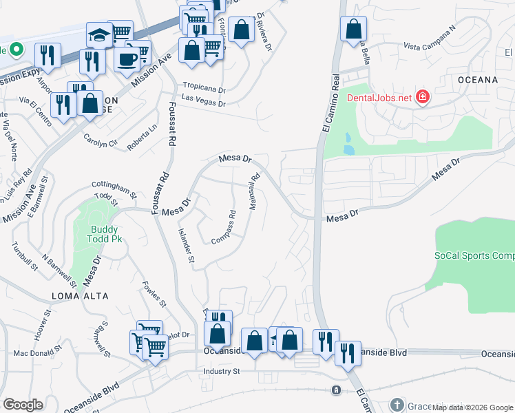 map of restaurants, bars, coffee shops, grocery stores, and more near 358 Mainsail Road in Oceanside