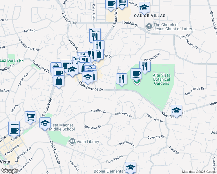 map of restaurants, bars, coffee shops, grocery stores, and more near 1060 Vale Terrace Drive in Vista