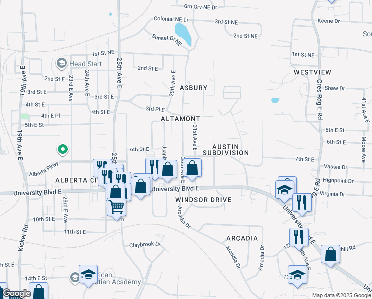 map of restaurants, bars, coffee shops, grocery stores, and more near 520 31st Avenue East in Tuscaloosa