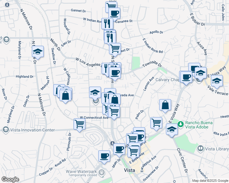 map of restaurants, bars, coffee shops, grocery stores, and more near 757 North Santa Fe Avenue in Vista