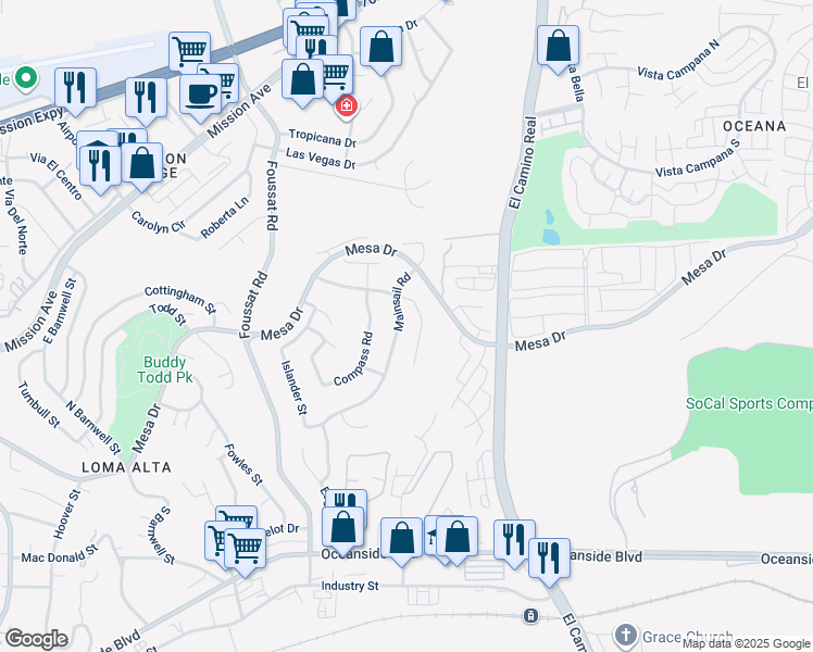 map of restaurants, bars, coffee shops, grocery stores, and more near 358 Mainsail Road in Oceanside