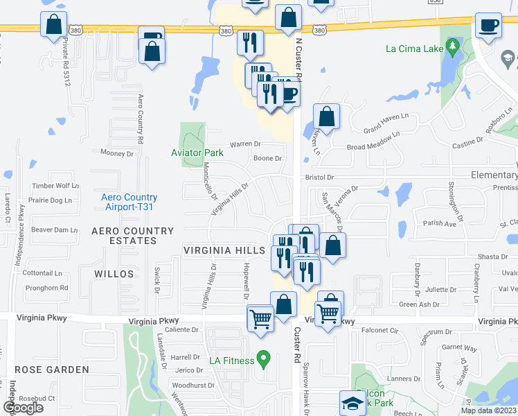 map of restaurants, bars, coffee shops, grocery stores, and more near 705 Charlotte Drive in McKinney