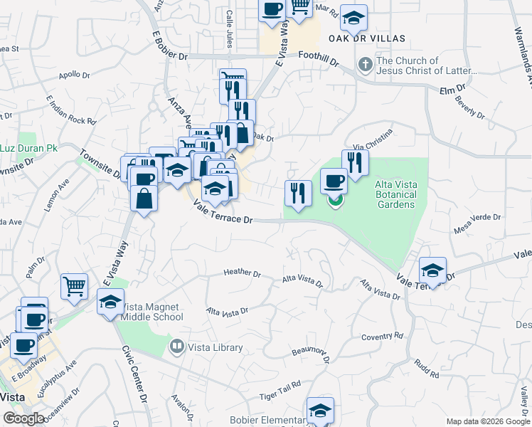 map of restaurants, bars, coffee shops, grocery stores, and more near 1075 Meadow Lake Drive in Vista