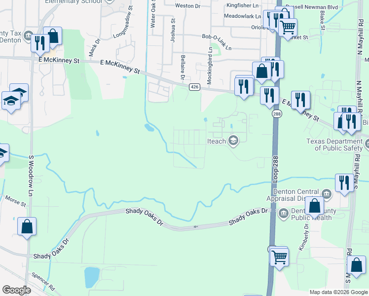map of restaurants, bars, coffee shops, grocery stores, and more near 314 Wrangler Lane in Denton