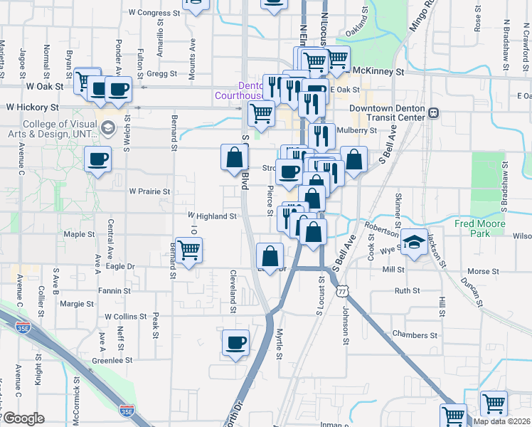 map of restaurants, bars, coffee shops, grocery stores, and more near 517 Pierce Street in Denton
