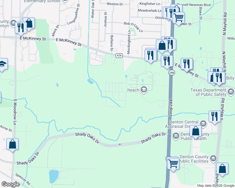 map of restaurants, bars, coffee shops, grocery stores, and more near 314 Wrangler Lane in Denton