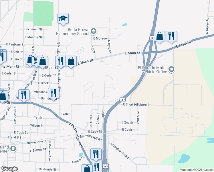 map of restaurants, bars, coffee shops, grocery stores, and more near 223 Hargett Drive in El Dorado